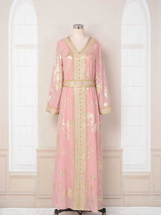 Muslim Women's Dress New Pink Stamped Fashion Party Robe