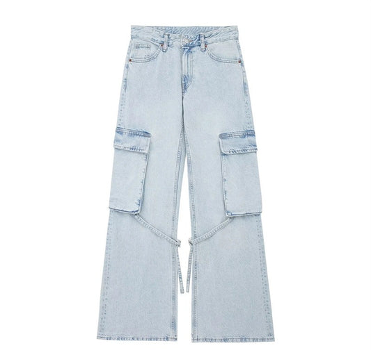 Loose mid-rise cargo jeans trousers with tie strap