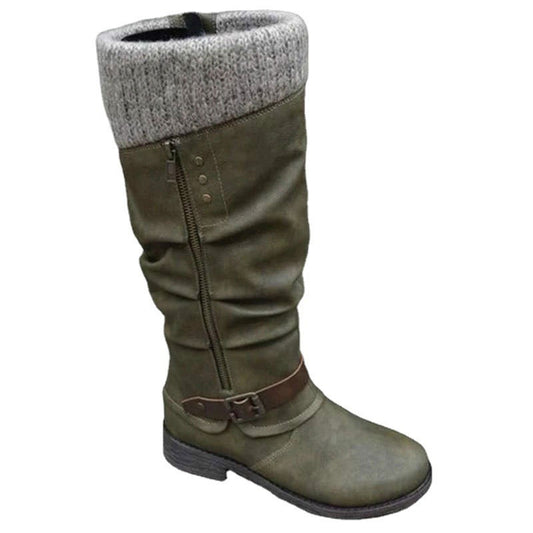 Large size mid length knight boots, new thick heeled side zippered woolen patchwork women's boots