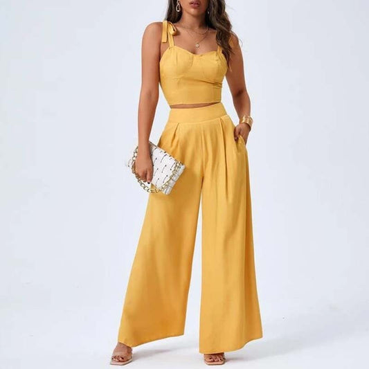 European and American Womens Open Back Suspender Top Fashionable Temperament Wide Leg Pants Casual Pants Two Piece Set for Women