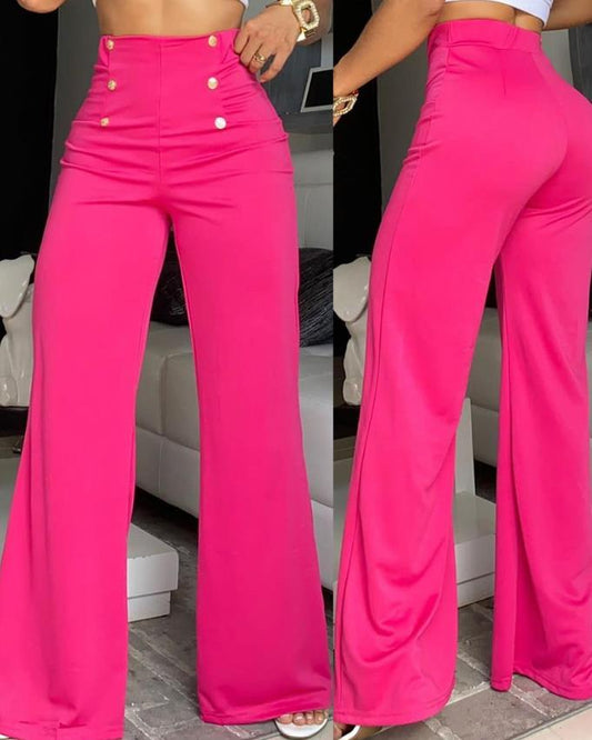 European and American Women's New Breasted Decorative Wide Leg Pants Rose Red Pants