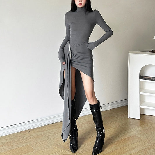 Autumn and Winter New Women's Solid Color Slim Fit High Waist Fashion High Neck Long Sleeve Split Dress